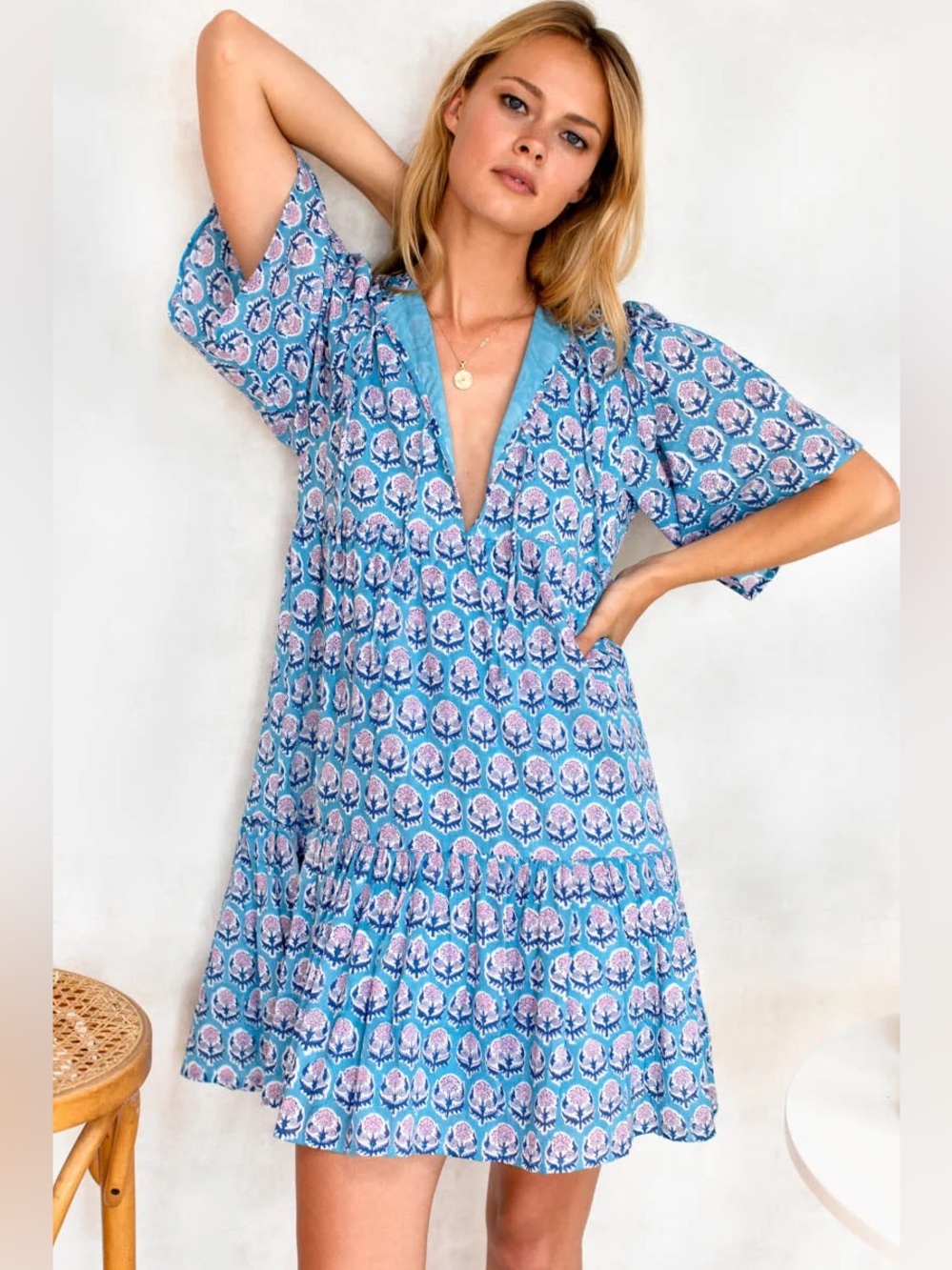 Emerson Fry Organic Cotton Blue Floral Block Print Mini Isla Dress Medium Large
